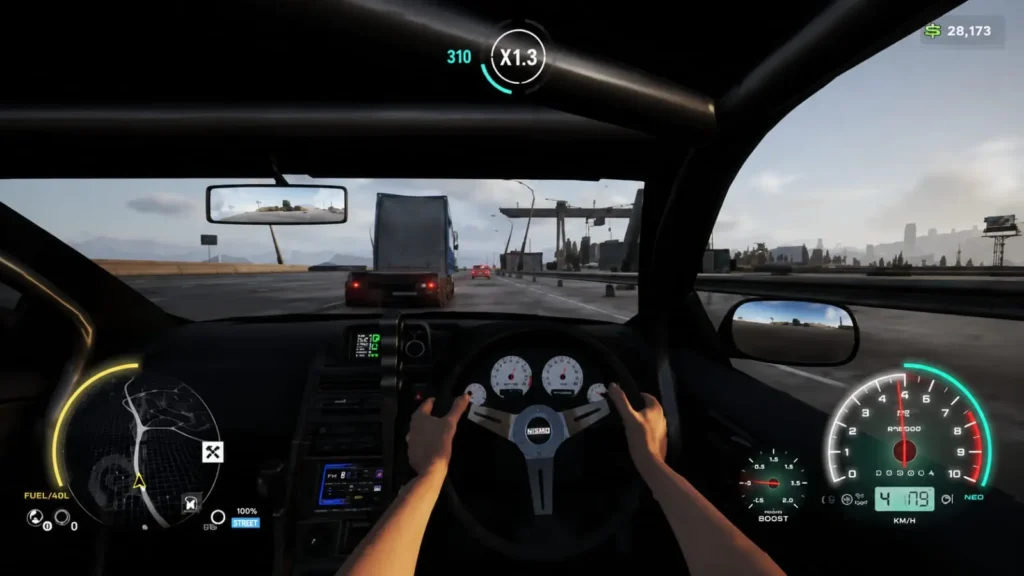 Home 4 First-person cockpit view in CarX Street showing highway driving with the steering wheel, dashboard, minimap, and speedometer