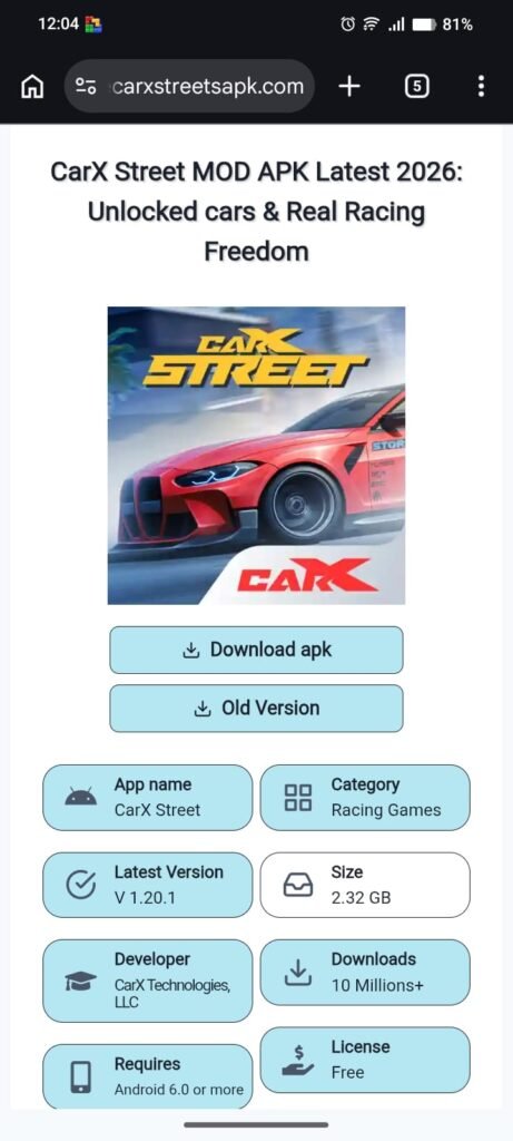 Home 9 CarX Street MOD APK website homepage displayed on a mobile browser with download buttons and game information.