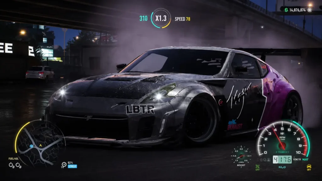 Home 5 Modified Nissan 370Z with a widebody kit parked at night in CarX Street, featuring custom decals and a large rear wing.