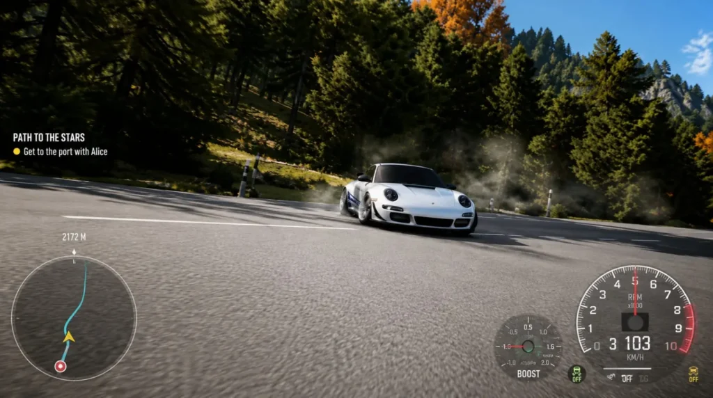 Home 3 Porsche 911 drifting through a sharp corner on a forest road during a CarX Street mission with the gameplay HUD visible.