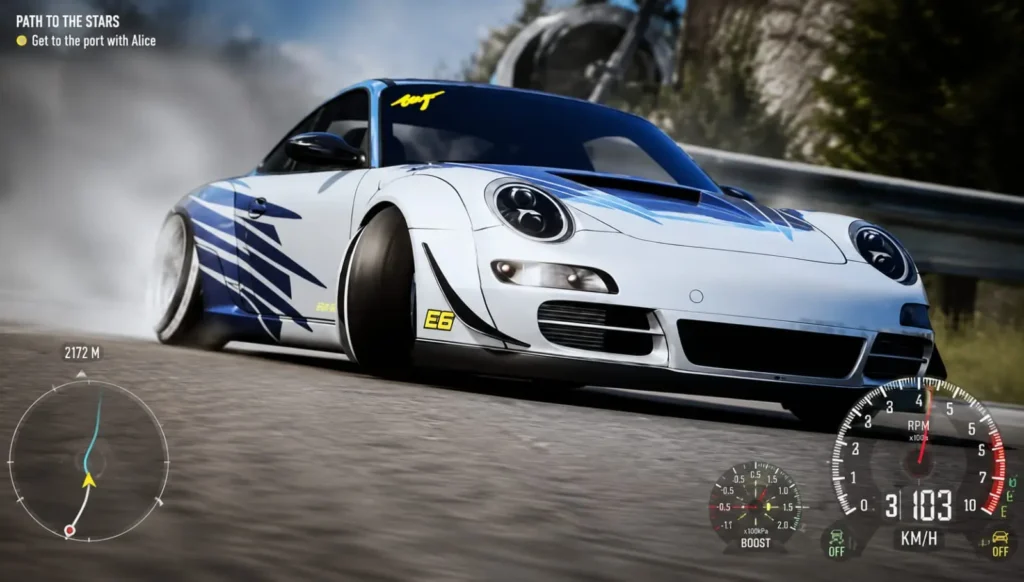 Home 8 Porsche 911 drifting during a mission in CarX Street with the gameplay HUD and speedometer visible.