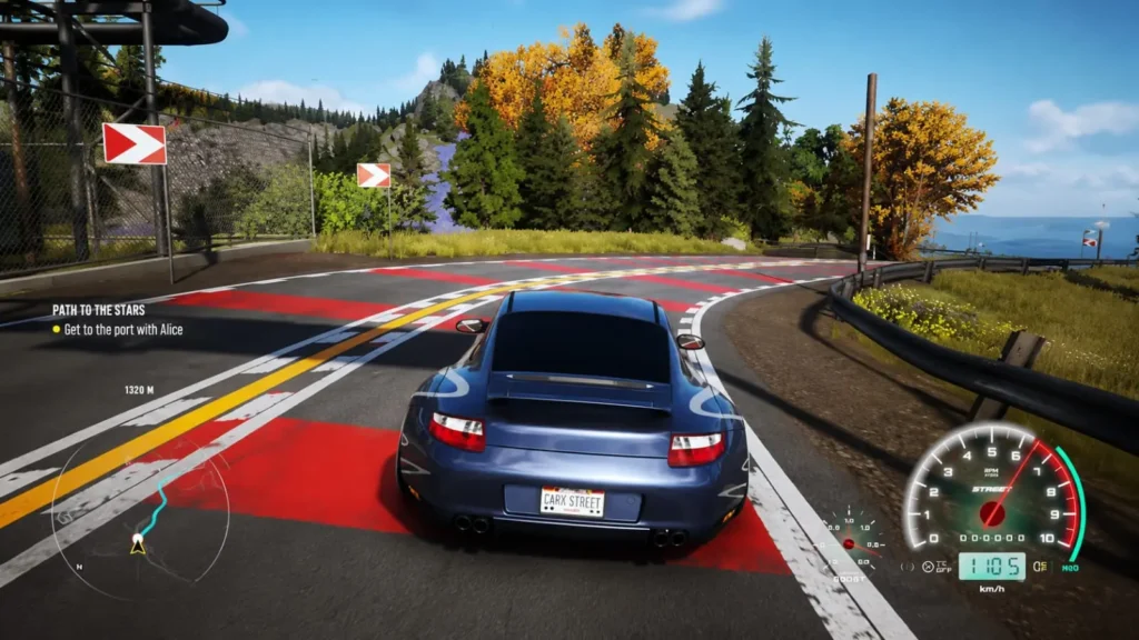 Home 6 Porsche 911 driving on a mountain road during a mission in CarX Street with the minimap and speedometer visible.