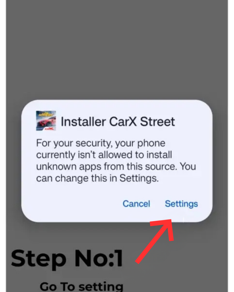 Home 10 Android security prompt instructing users to open Settings and allow unknown app installations before installing the CarX Street MOD APK.