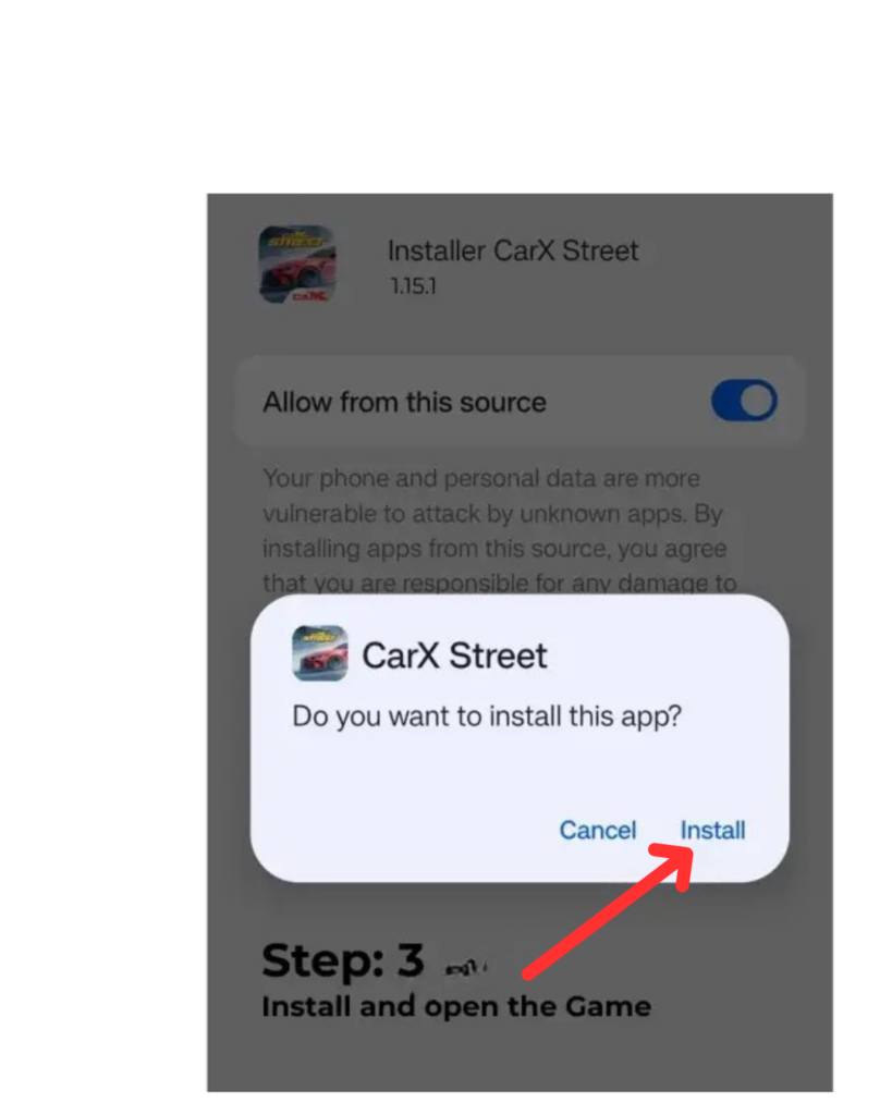 Home 12 Android installation screen showing the option to allow unknown apps and install CarX Street MOD APK from the installer.
