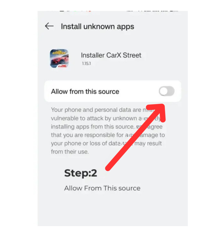 Home 11 Android settings screen showing how to enable "Allow from this source" before installing the CarX Street MOD APK.