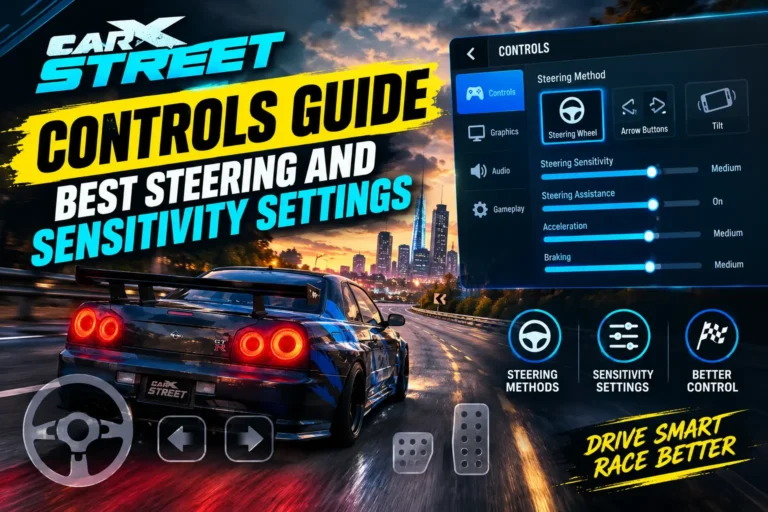 CarX Street controls guide showing steering methods and sensitivity settings