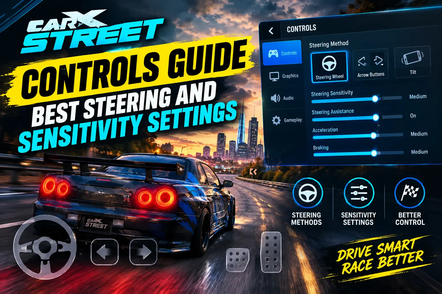 CarX Street controls guide showing steering methods and sensitivity settings