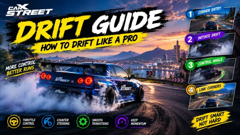 CarX Street drift guide showing a car drifting through a corner