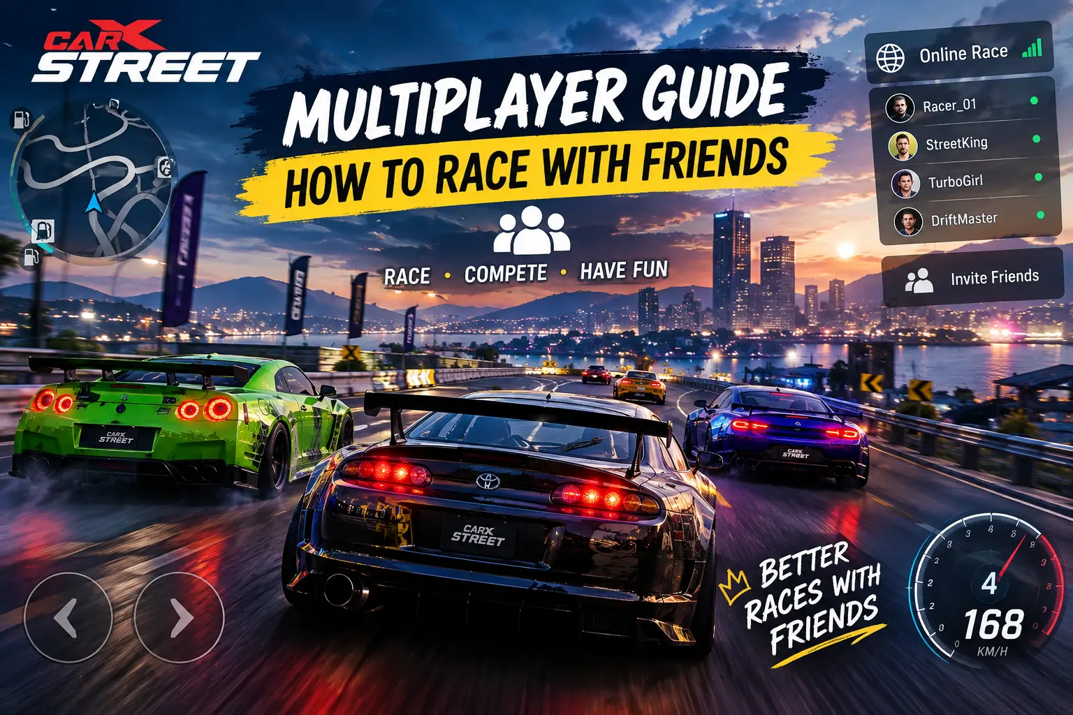 CarX Street multiplayer guide showing cars racing together in a city at sunset